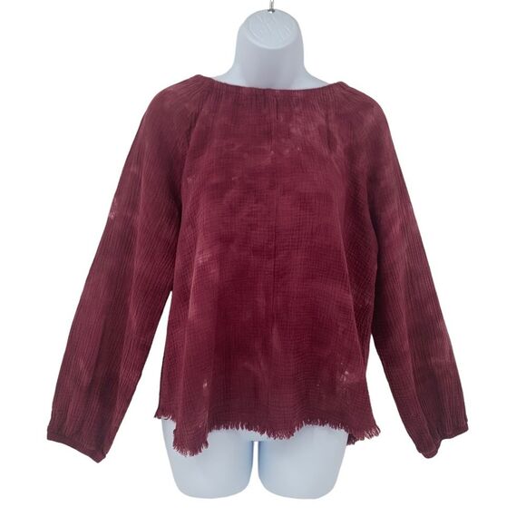 Anthropologie Cloth & Stone Burgundy Tie Dye Muslin Top with Raw Fringe Hem - Picture 11 of 11